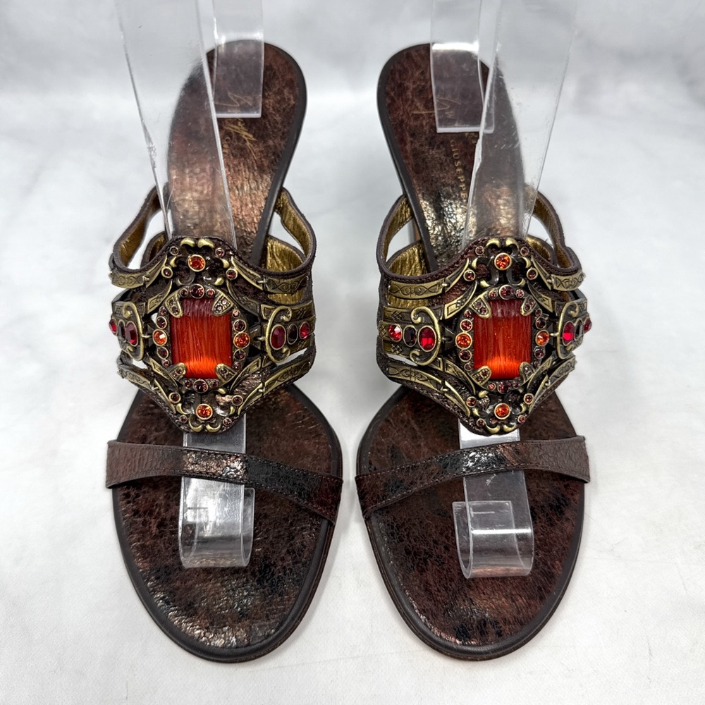 NEW Giuseppe Zanotti Vicini Vintage Y2K Leather Jeweled Mule Sandal Heel Bronze - Picture 2 of 13